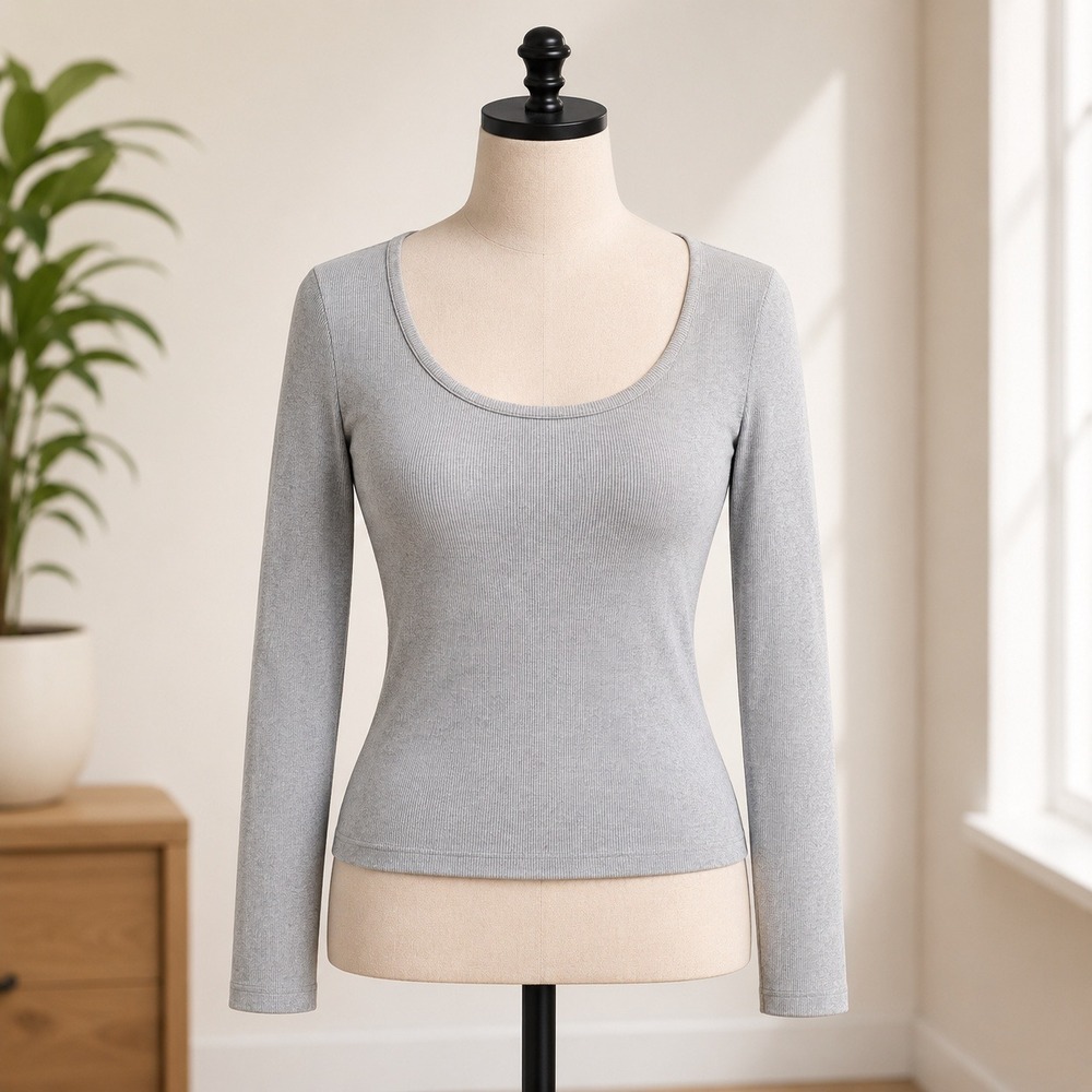 NWOT BP Long Sleeve Scoop Neck Top Womens Medium‎ Gray Ribbed Knit Fitted Tee